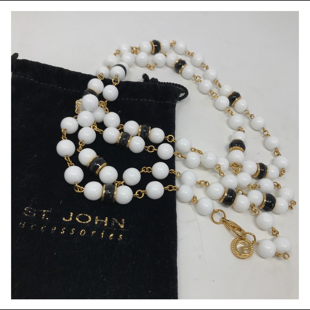 St John Beaded Opera Length Necklace 24" White